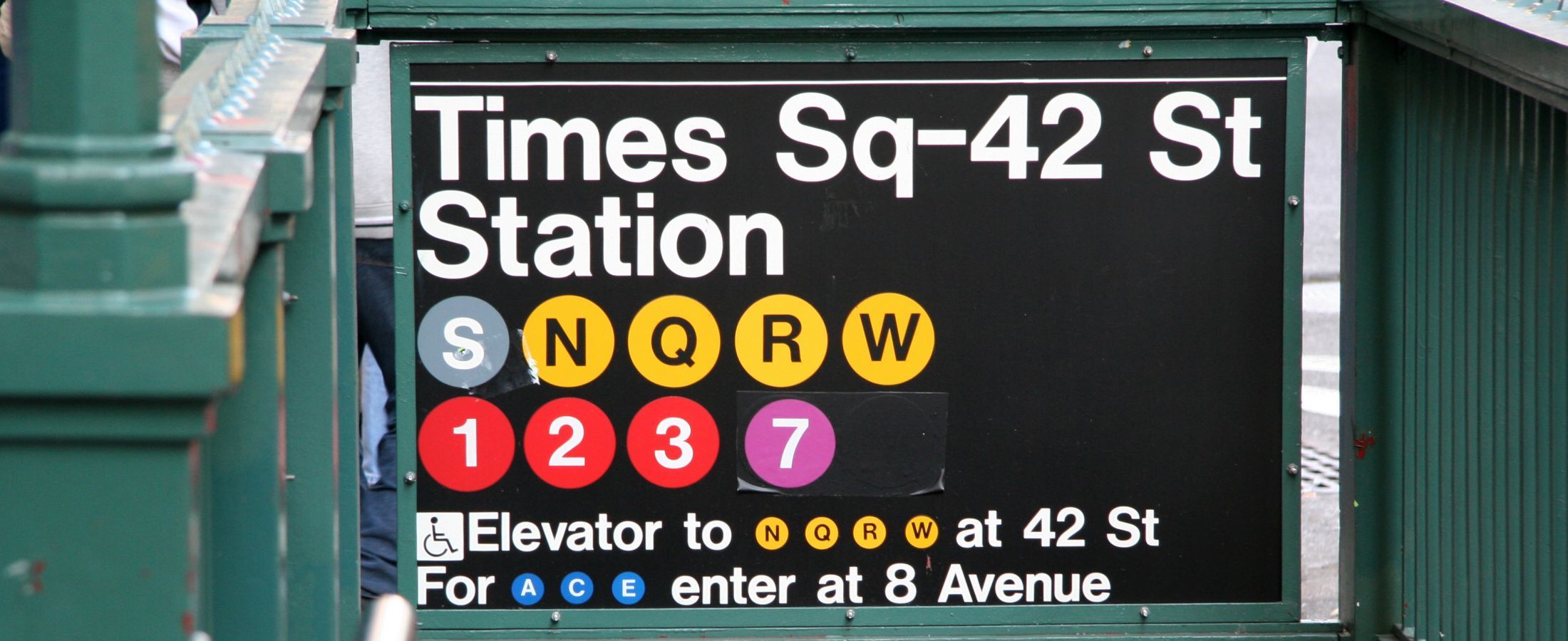 Time Square Train Station with access to the S, N, Q, R, Q, 1, 2, 3, and 7 subway lines